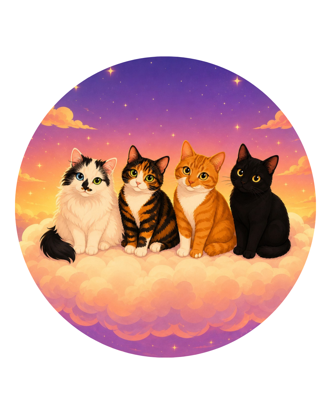 Four cats sitting on a sunset cloud beneath a purple starry sky